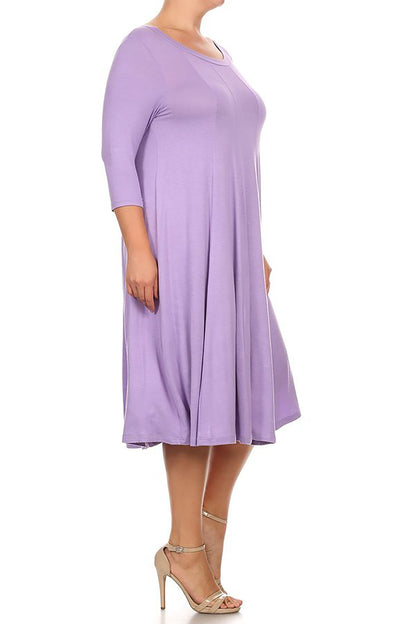 Women's Plus Size Casual 3/4 Sleeves Basic A-Line Pleated Solid Midi Dress