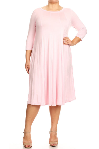 Women's Plus Size Casual 3/4 Sleeves Basic A-Line Pleated Solid Midi Dress