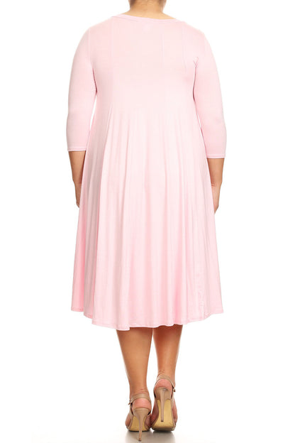 Women's Plus Size Casual 3/4 Sleeves Basic A-Line Pleated Solid Midi Dress