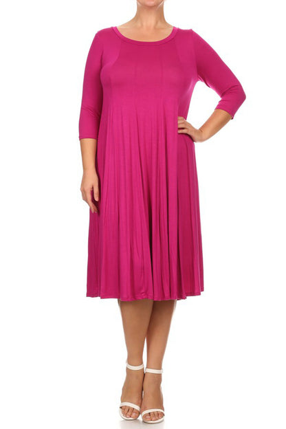 Women's Plus Size Casual 3/4 Sleeves Basic A-Line Pleated Solid Midi Dress