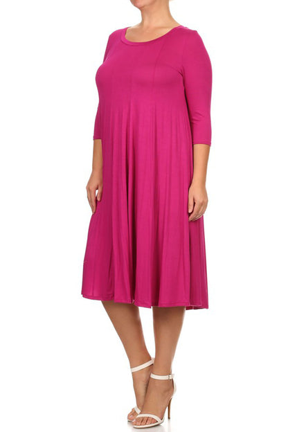 Women's Plus Size Casual 3/4 Sleeves Basic A-Line Pleated Solid Midi Dress