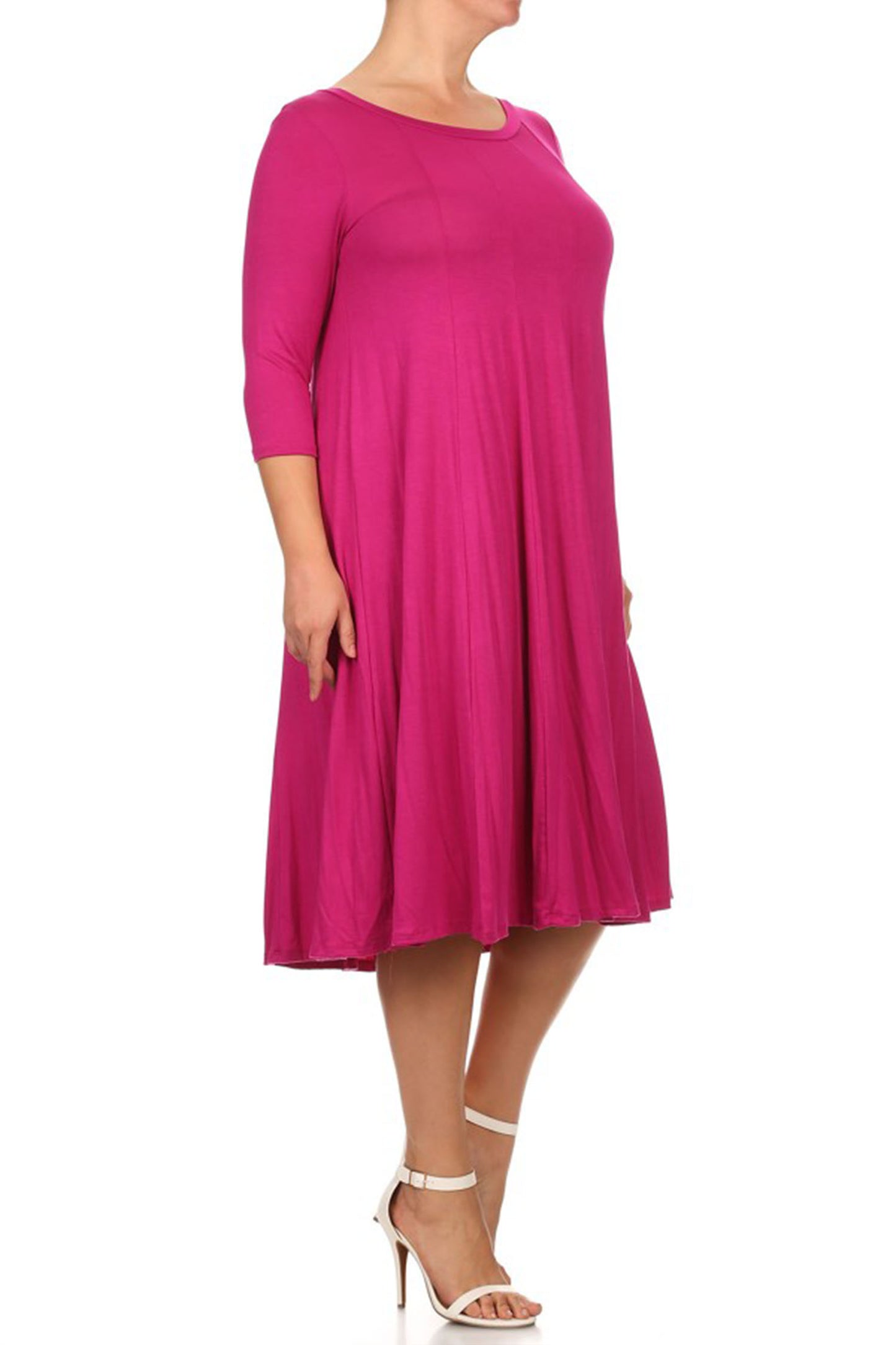 Women's Plus Size Casual 3/4 Sleeves Basic A-Line Pleated Solid Midi Dress