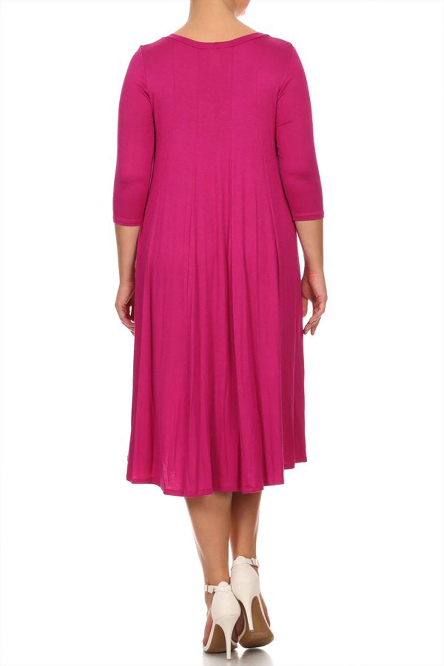 Women's Plus Size Casual 3/4 Sleeves Basic A-Line Pleated Solid Midi Dress