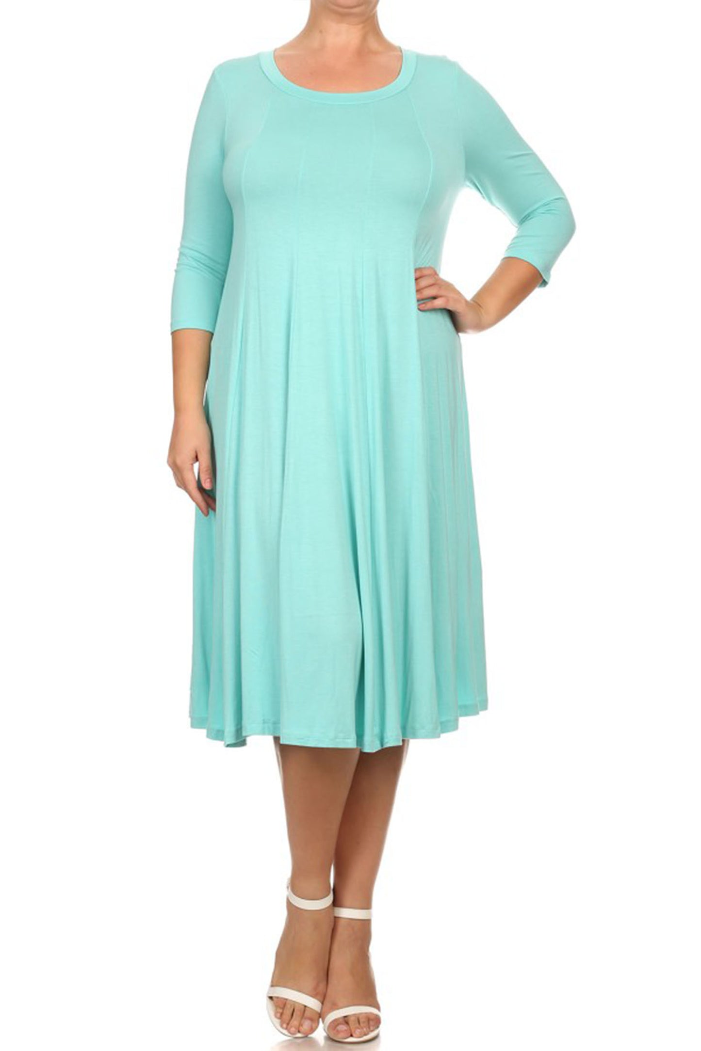 Women's Plus Size Casual 3/4 Sleeves Basic A-Line Pleated Solid Midi Dress