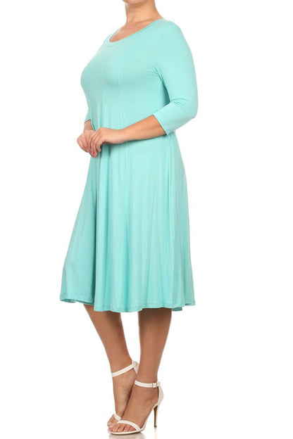 Women's Plus Size Casual 3/4 Sleeves Basic A-Line Pleated Solid Midi Dress