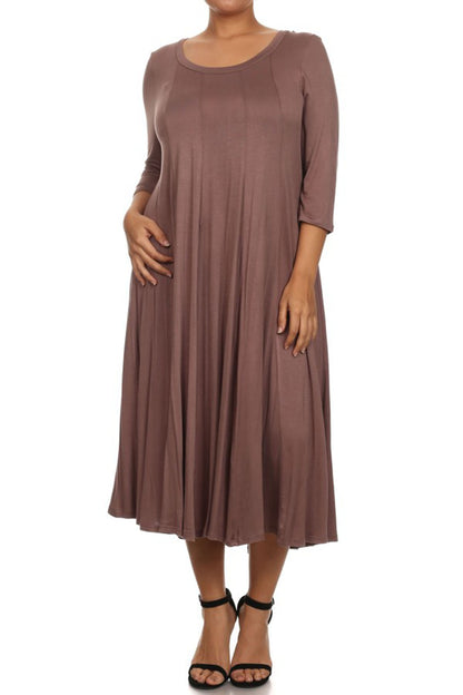 Women's Plus Size Casual 3/4 Sleeves Basic A-Line Pleated Solid Midi Dress