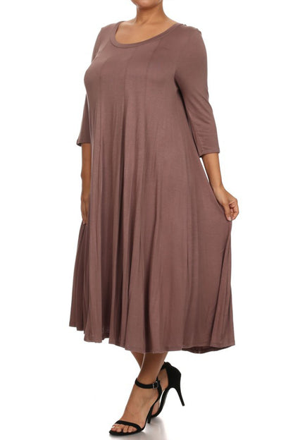 Women's Plus Size Casual 3/4 Sleeves Basic A-Line Pleated Solid Midi Dress