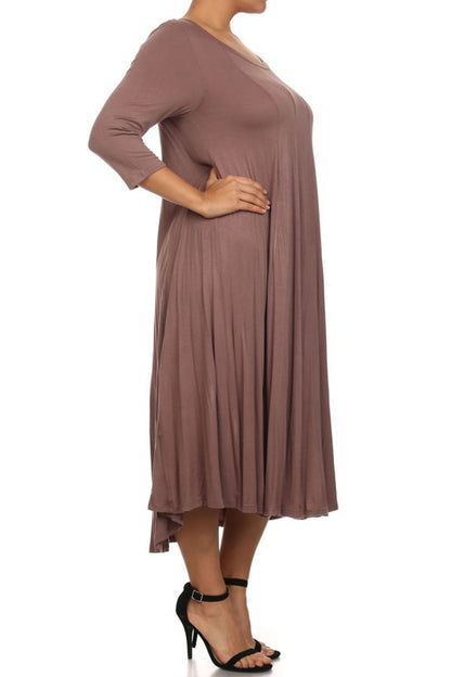 Women's Plus Size Casual 3/4 Sleeves Basic A-Line Pleated Solid Midi Dress