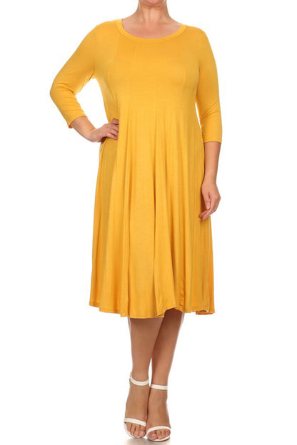 Women's Plus Size Casual 3/4 Sleeves Basic A-Line Pleated Solid Midi Dress