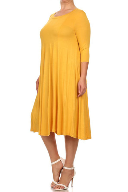 Women's Plus Size Casual 3/4 Sleeves Basic A-Line Pleated Solid Midi Dress