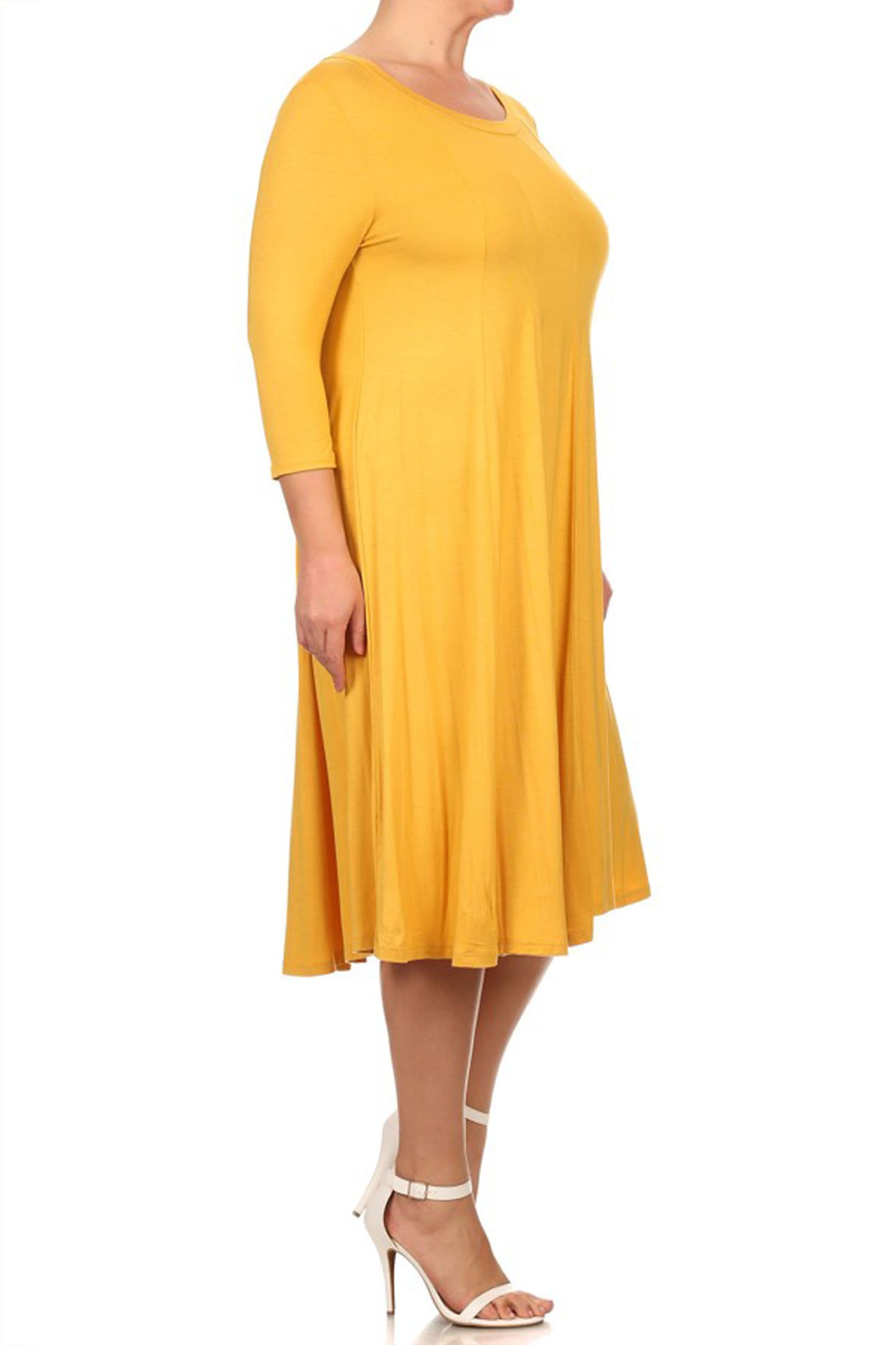 Women's Plus Size Casual 3/4 Sleeves Basic A-Line Pleated Solid Midi Dress