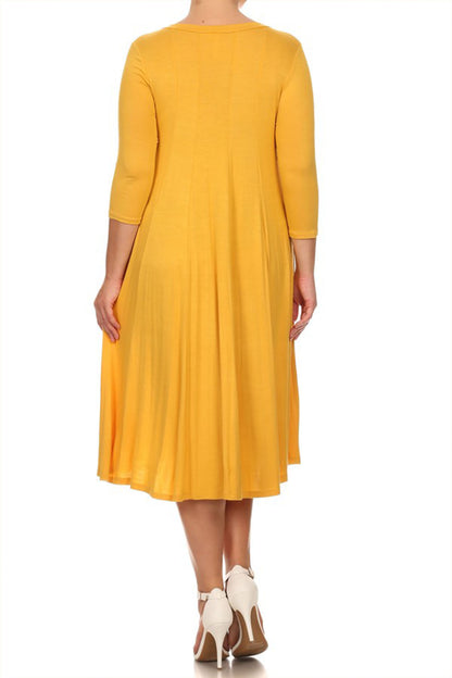 Women's Plus Size Casual 3/4 Sleeves Basic A-Line Pleated Solid Midi Dress