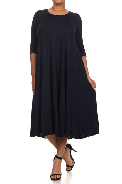 Women's Plus Size Casual 3/4 Sleeves Basic A-Line Pleated Solid Midi Dress