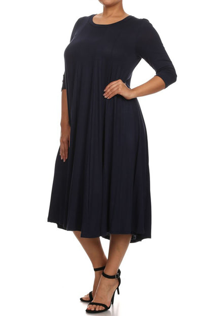 Women's Plus Size Casual 3/4 Sleeves Basic A-Line Pleated Solid Midi Dress