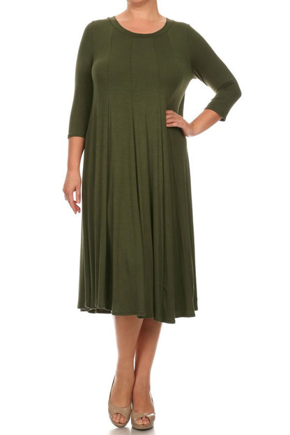 Women's Plus Size Casual 3/4 Sleeves Basic A-Line Pleated Solid Midi Dress