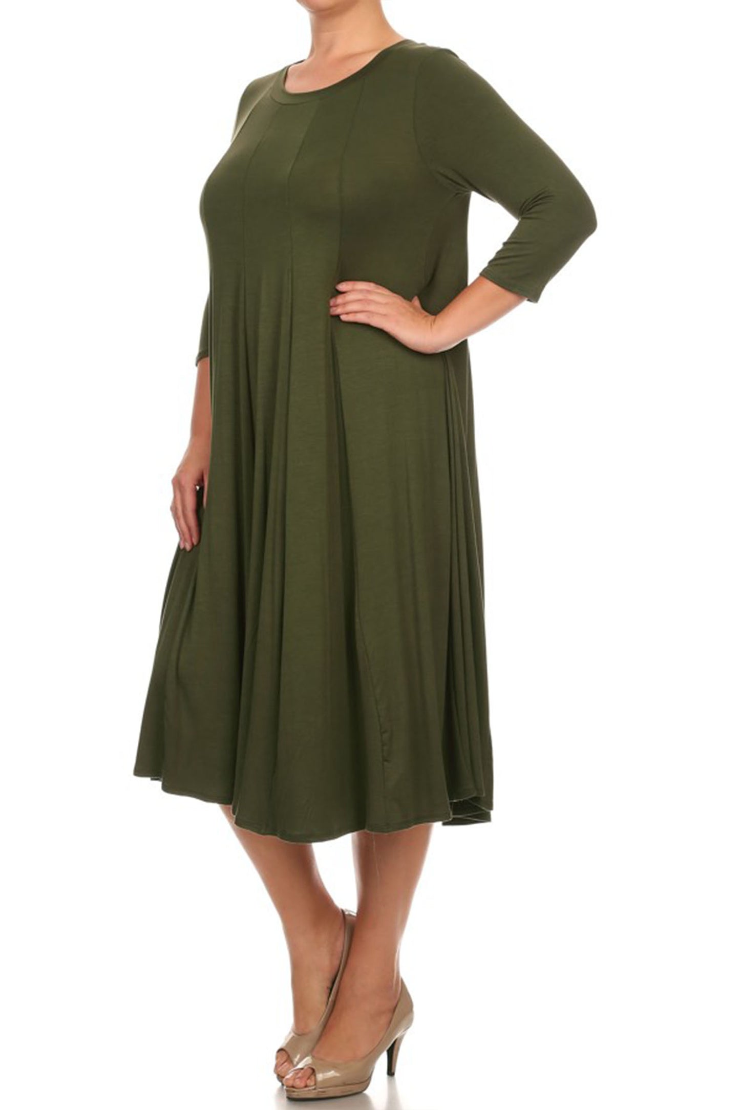 Women's Plus Size Casual 3/4 Sleeves Basic A-Line Pleated Solid Midi Dress