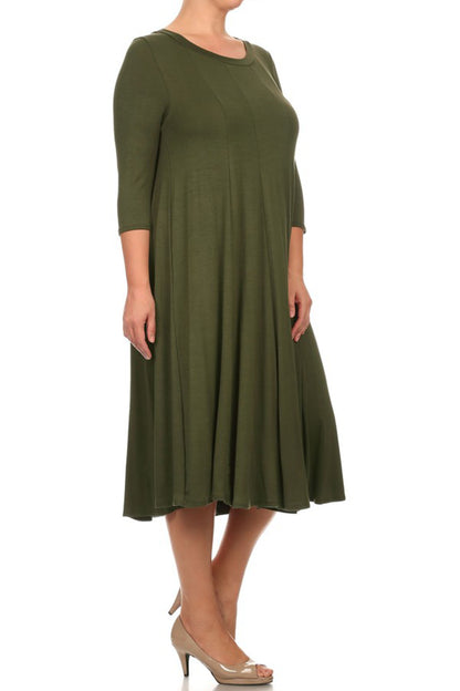 Women's Plus Size Casual 3/4 Sleeves Basic A-Line Pleated Solid Midi Dress