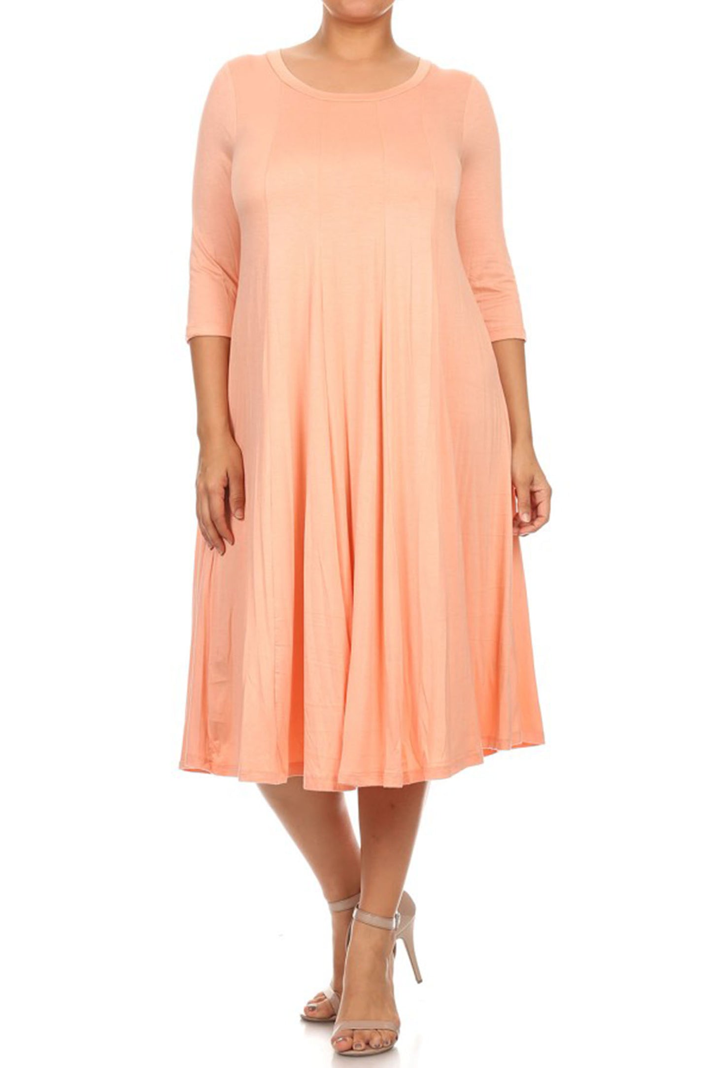 Women's Plus Size Casual 3/4 Sleeves Basic A-Line Pleated Solid Midi Dress