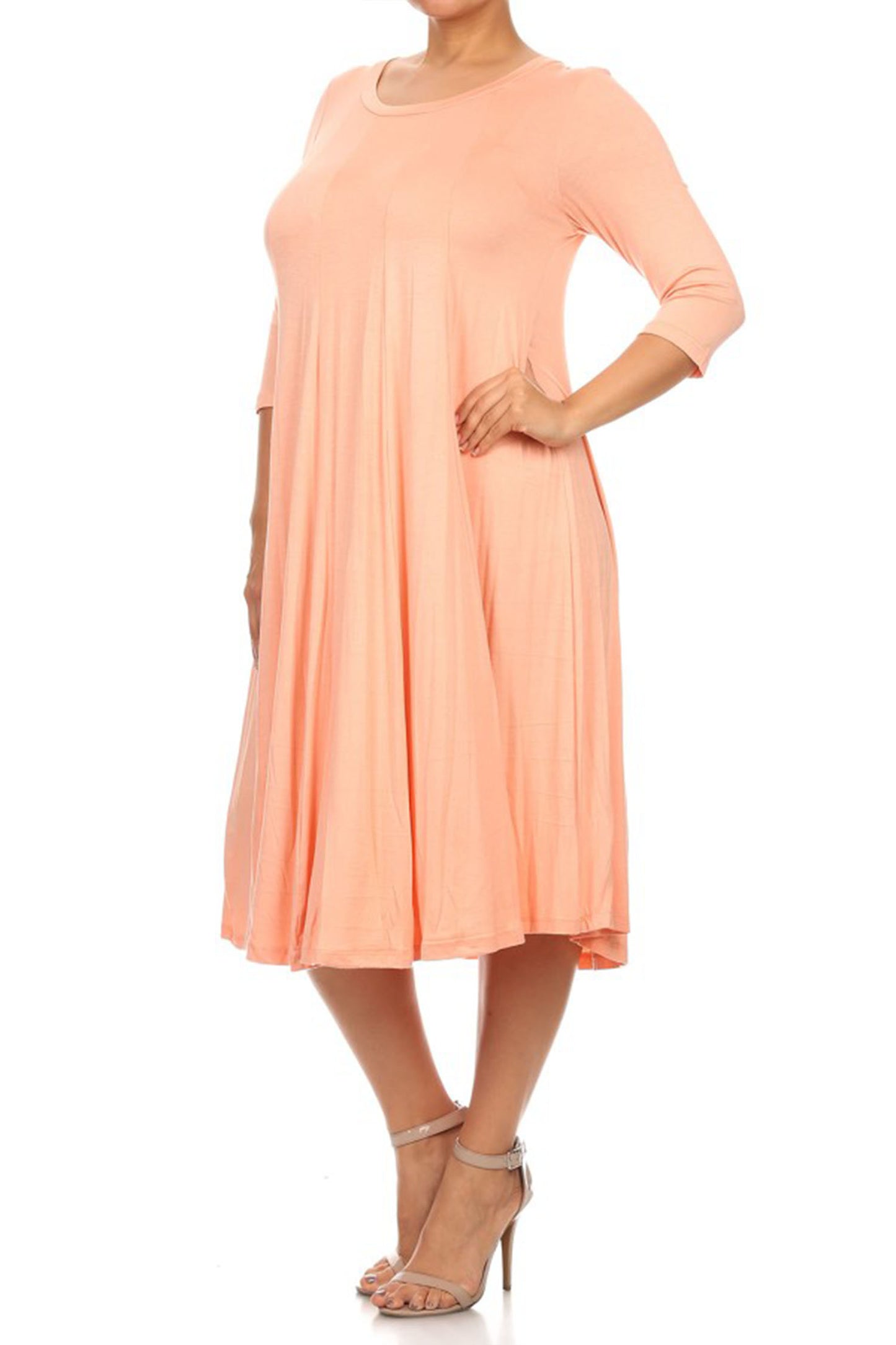 Women's Plus Size Casual 3/4 Sleeves Basic A-Line Pleated Solid Midi Dress