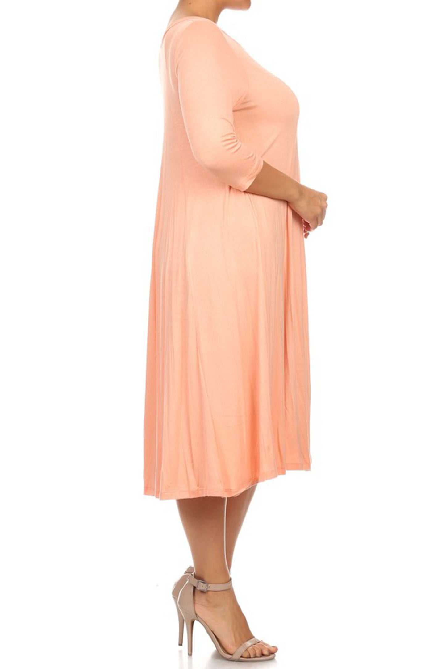 Women's Plus Size Casual 3/4 Sleeves Basic A-Line Pleated Solid Midi Dress