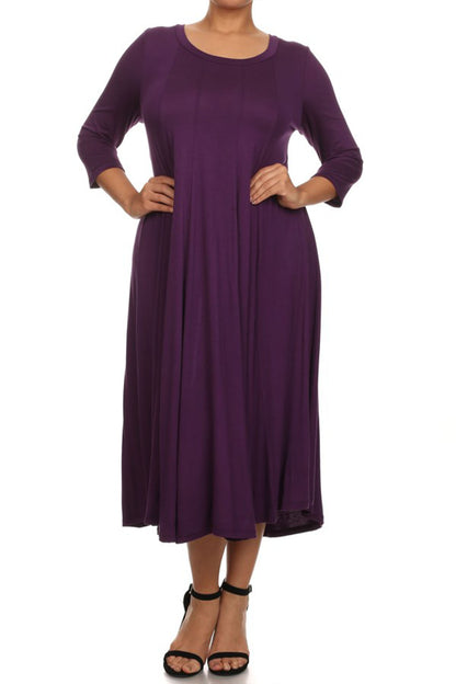 Women's Plus Size Casual 3/4 Sleeves Basic A-Line Pleated Solid Midi Dress