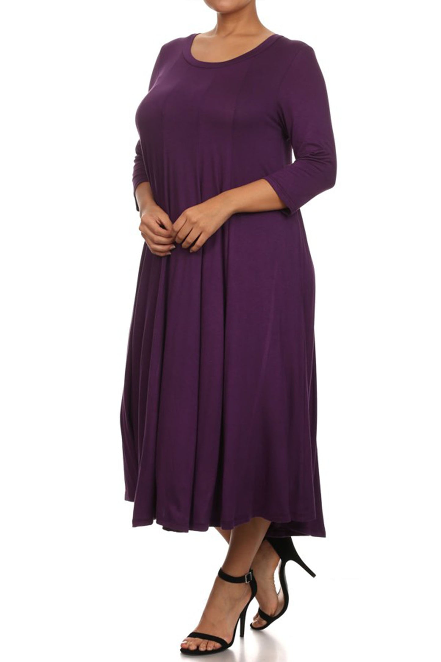 Women's Plus Size Casual 3/4 Sleeves Basic A-Line Pleated Solid Midi Dress