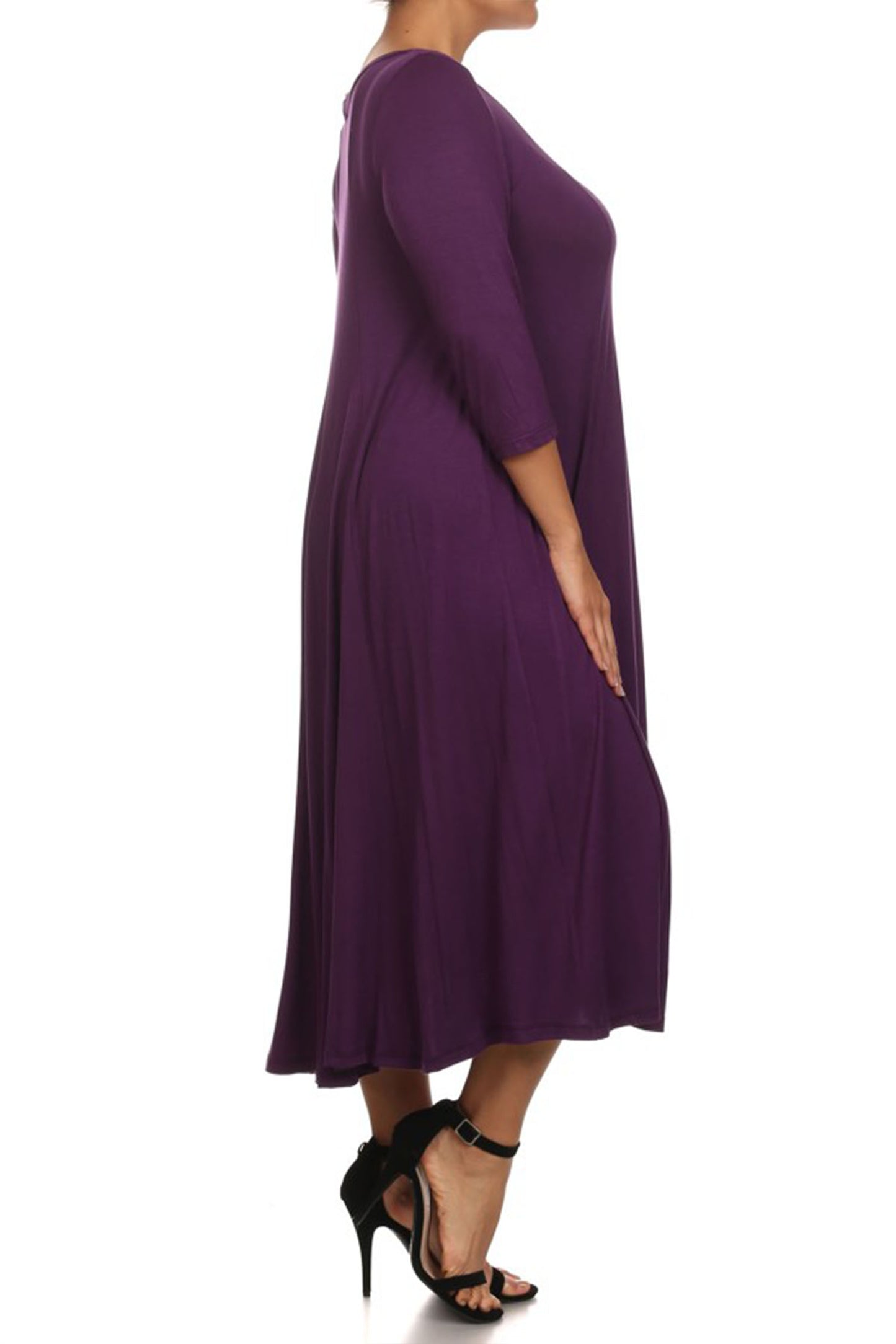 Women's Plus Size Casual 3/4 Sleeves Basic A-Line Pleated Solid Midi Dress