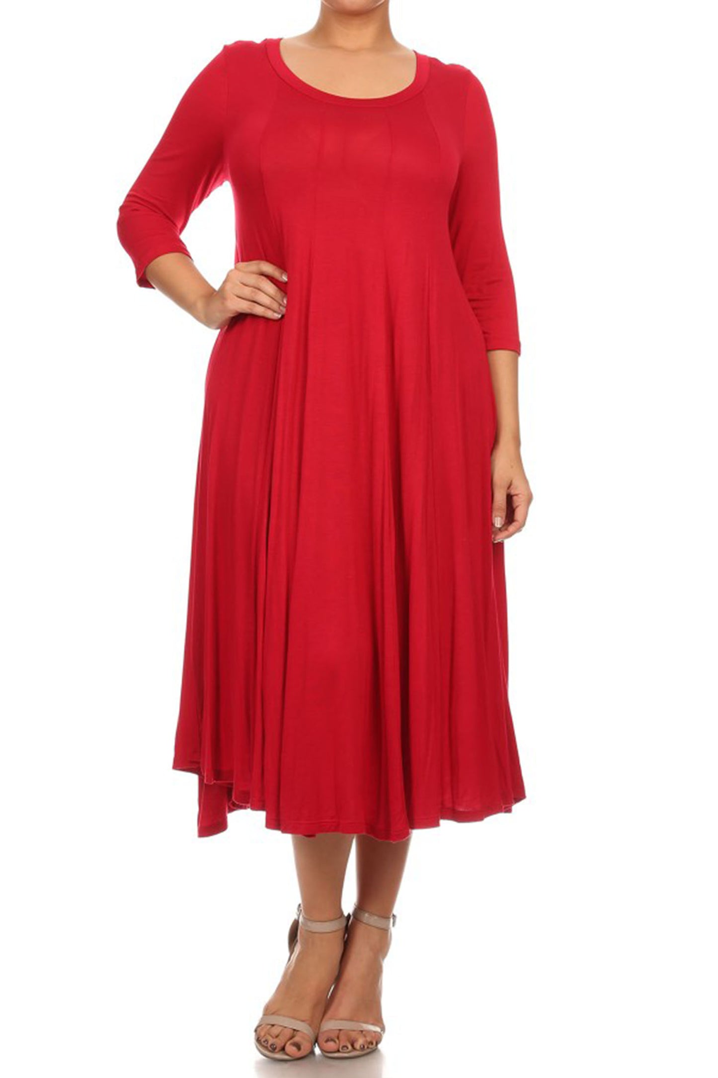 Women's Plus Size Casual 3/4 Sleeves Basic A-Line Pleated Solid Midi Dress