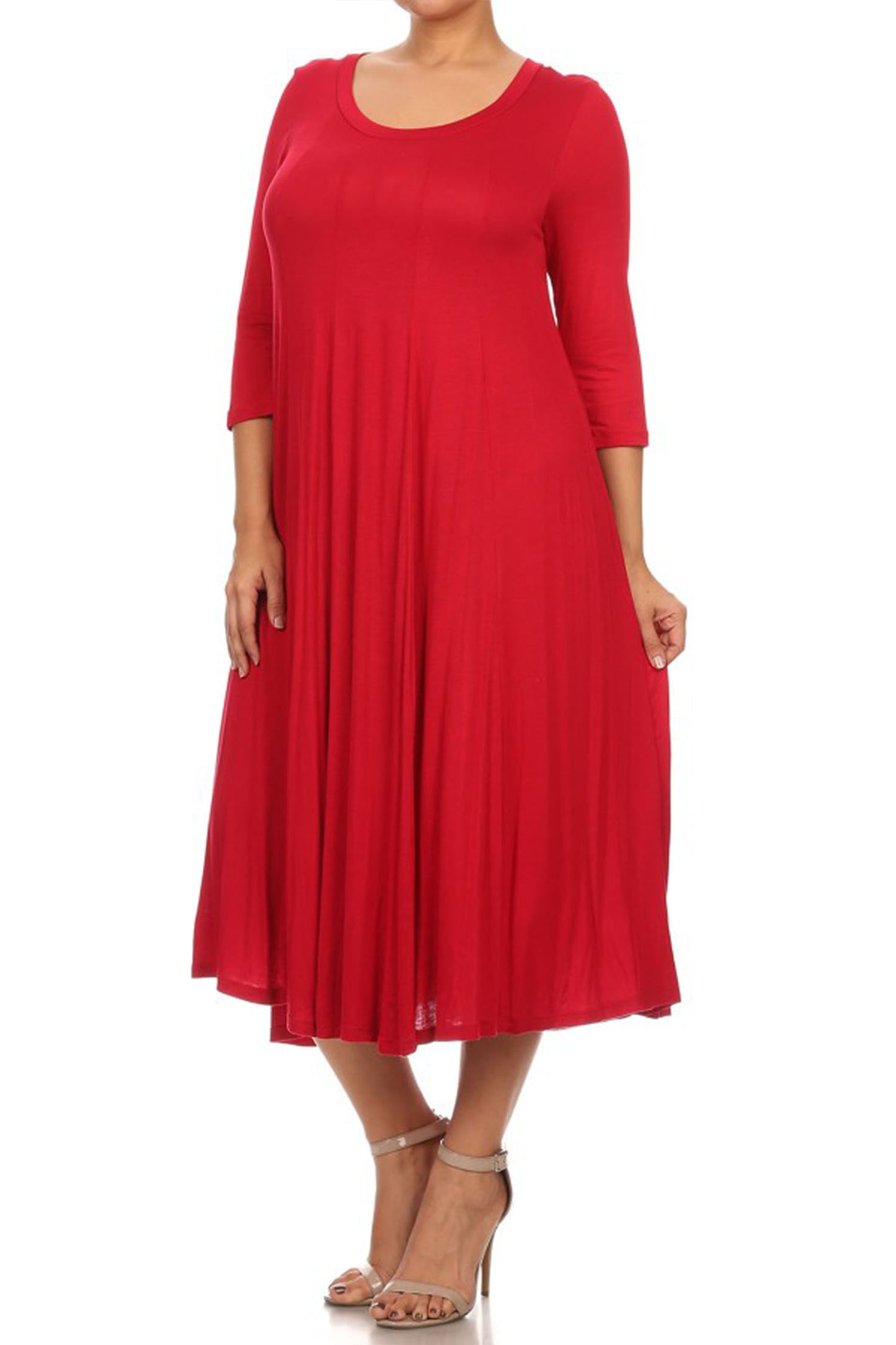 Women's Plus Size Casual 3/4 Sleeves Basic A-Line Pleated Solid Midi Dress