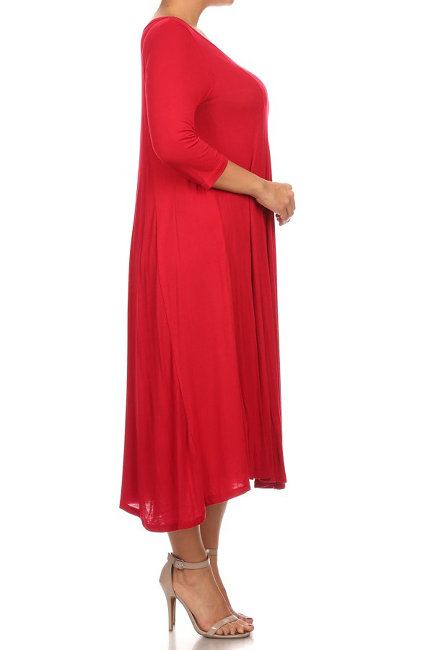 Women's Plus Size Casual 3/4 Sleeves Basic A-Line Pleated Solid Midi Dress