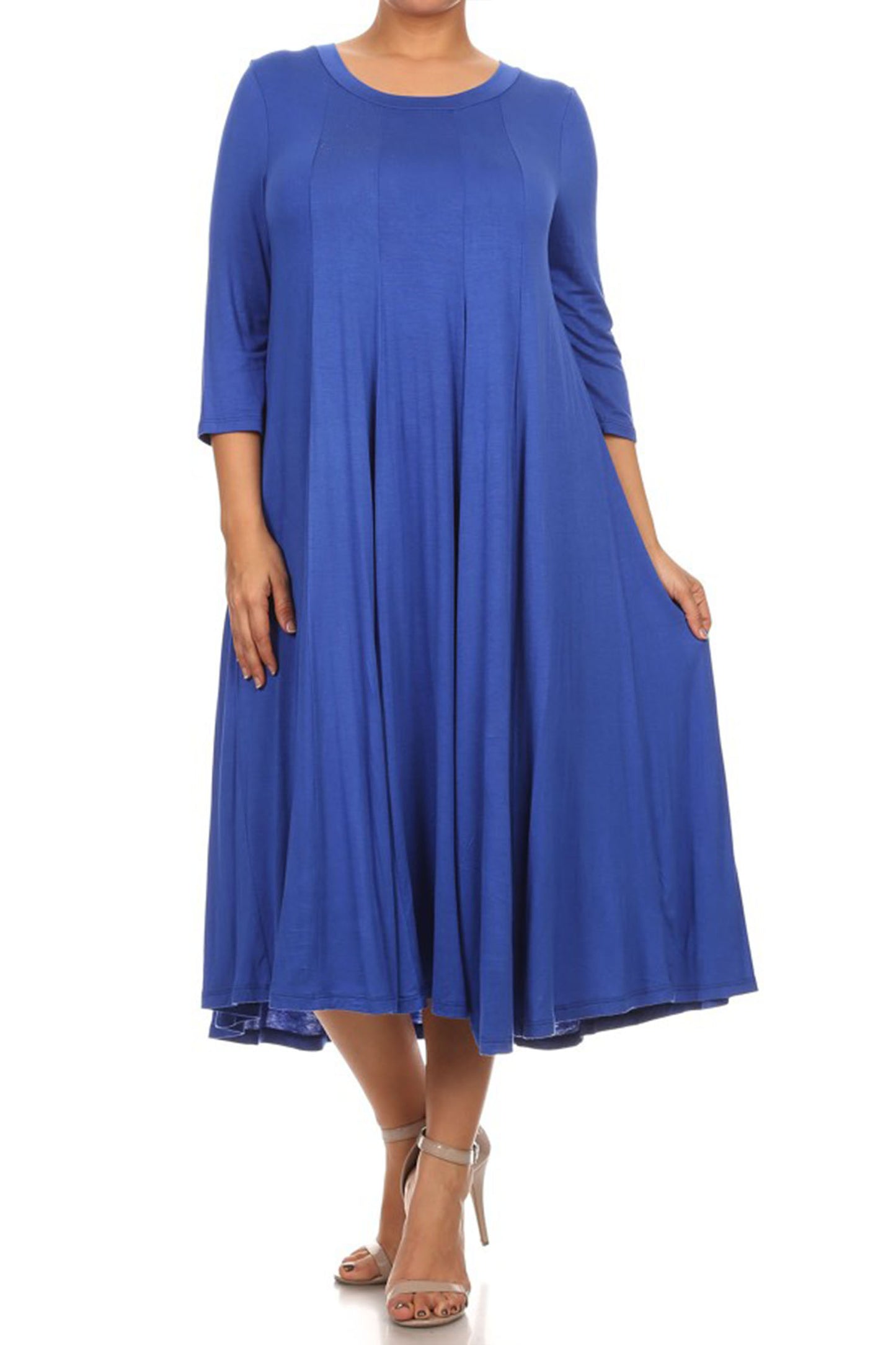 Women's Plus Size Casual 3/4 Sleeves Basic A-Line Pleated Solid Midi Dress