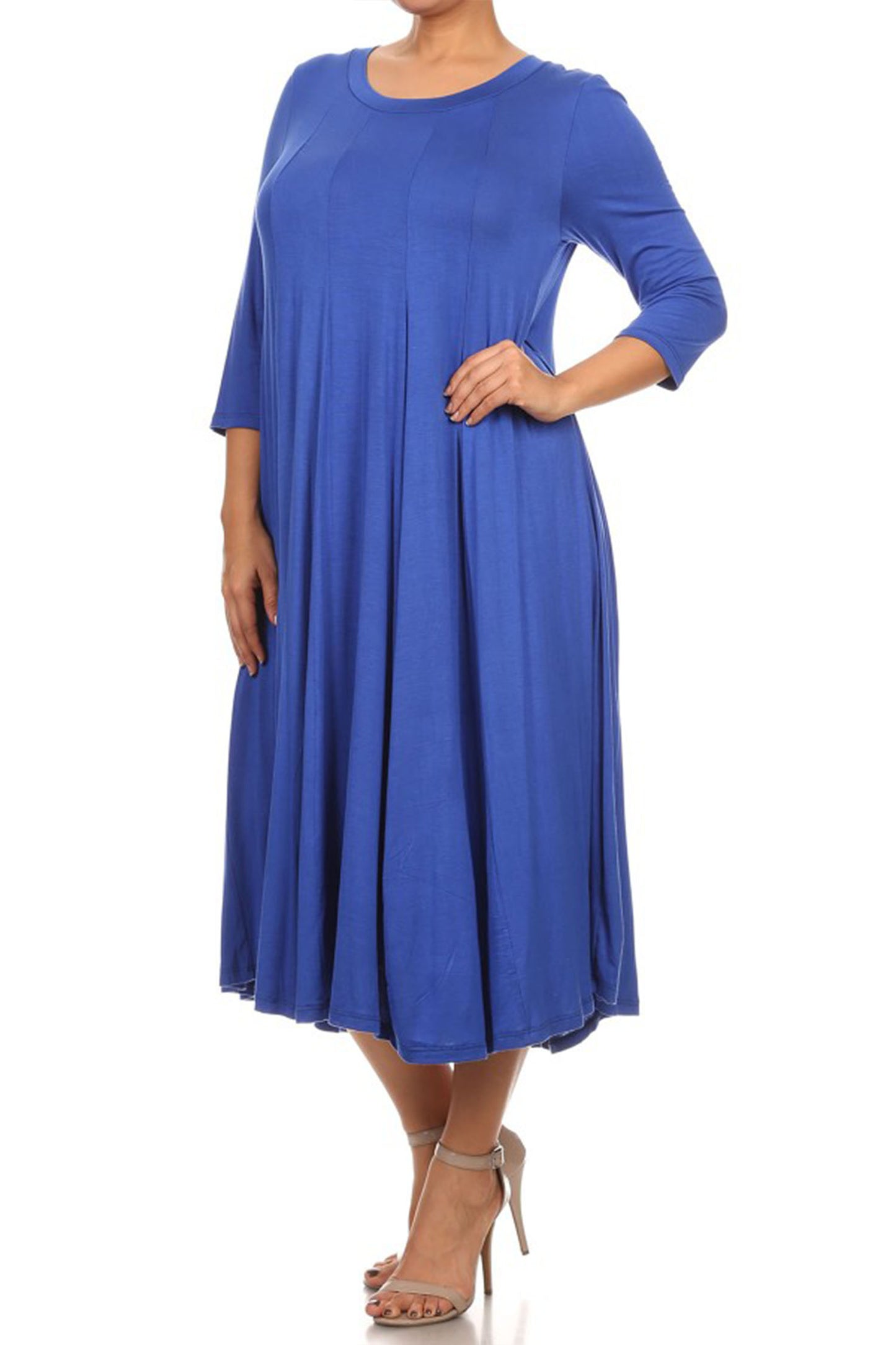 Women's Plus Size Casual 3/4 Sleeves Basic A-Line Pleated Solid Midi Dress