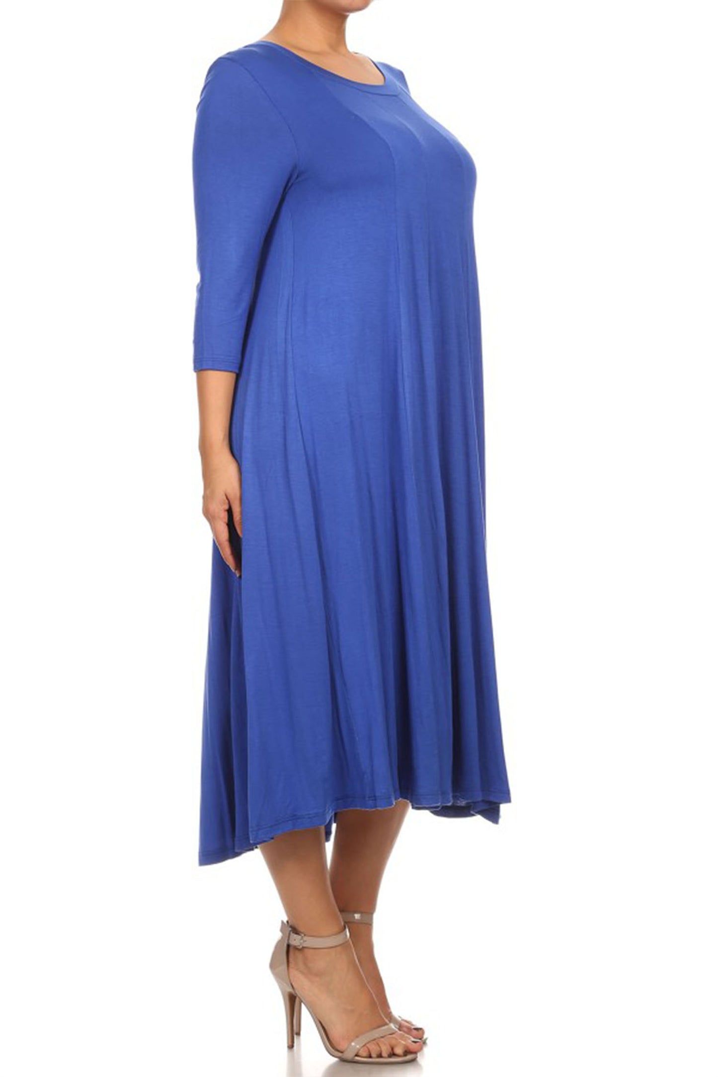 Women's Plus Size Casual 3/4 Sleeves Basic A-Line Pleated Solid Midi Dress