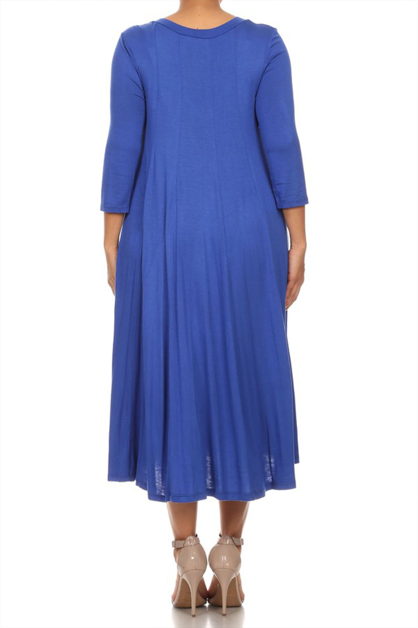 Women's Plus Size Casual 3/4 Sleeves Basic A-Line Pleated Solid Midi Dress