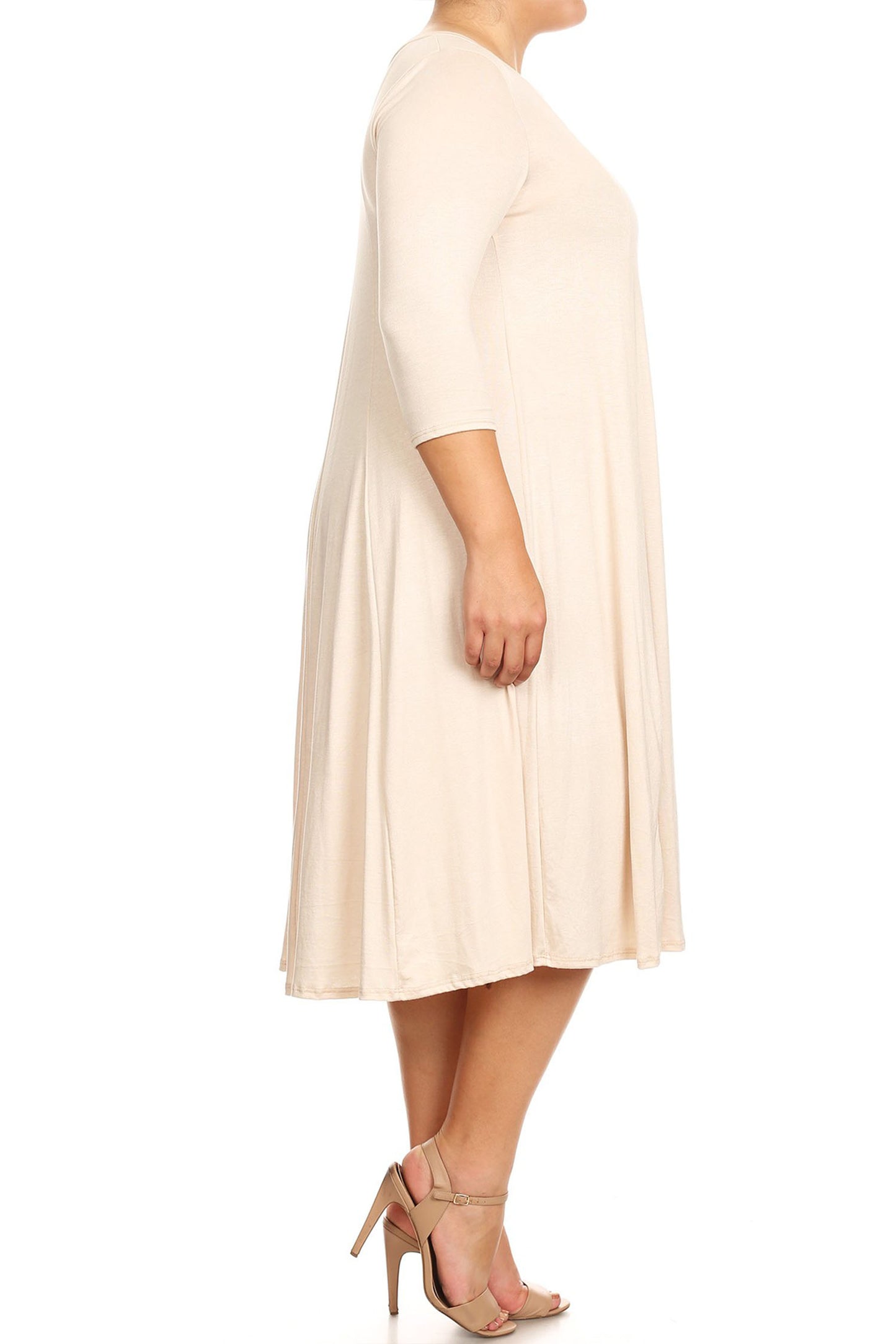 Women's Plus Size Casual 3/4 Sleeves Basic A-Line Pleated Solid Midi Dress