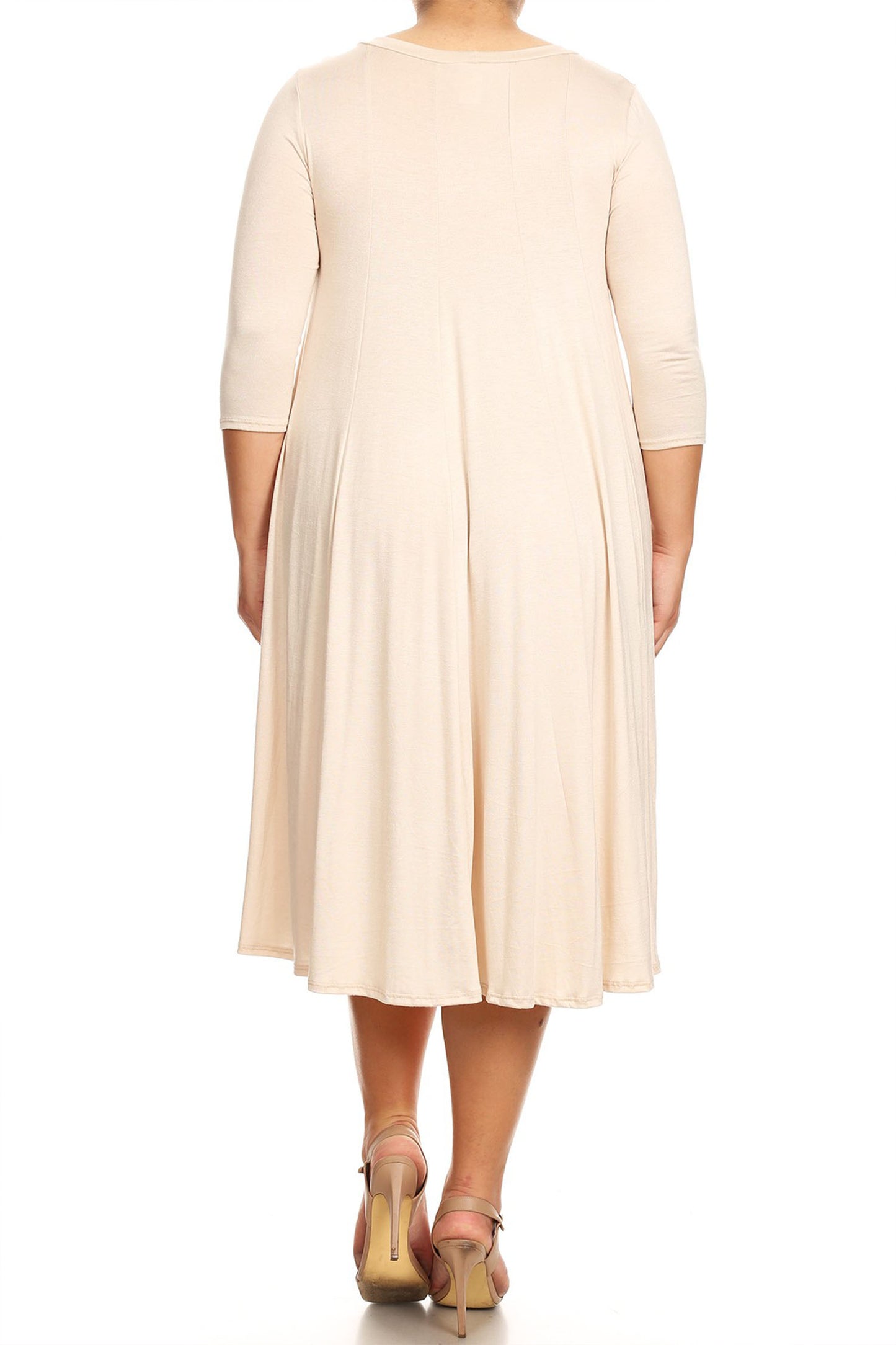 Women's Plus Size Casual 3/4 Sleeves Basic A-Line Pleated Solid Midi Dress