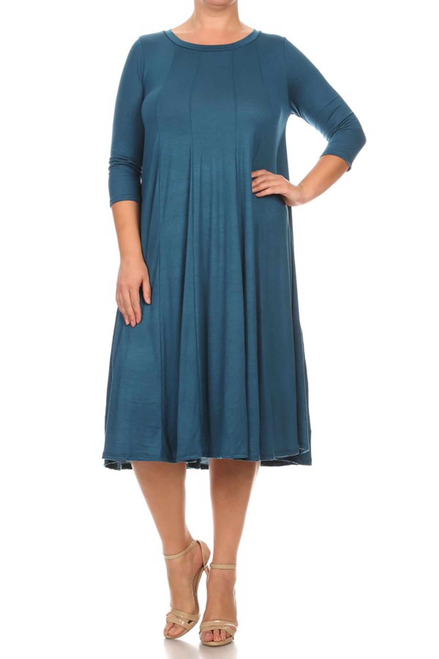 Women's Plus Size Casual 3/4 Sleeves Basic A-Line Pleated Solid Midi Dress