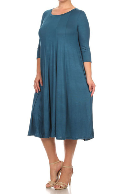 Women's Plus Size Casual 3/4 Sleeves Basic A-Line Pleated Solid Midi Dress