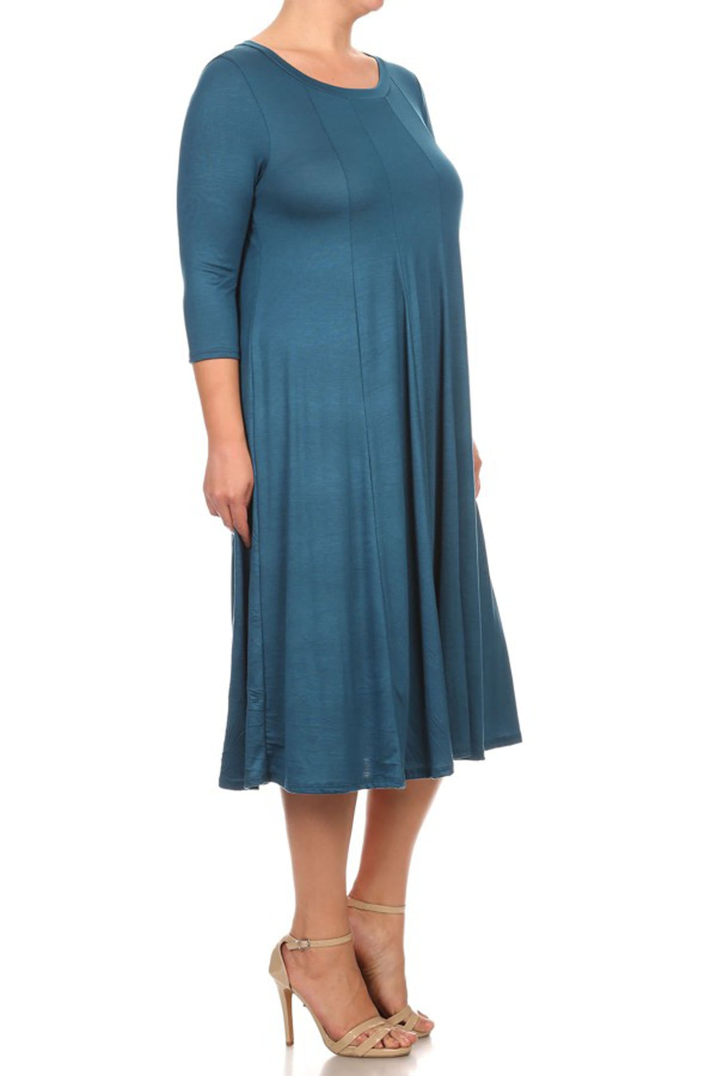 Women's Plus Size Casual 3/4 Sleeves Basic A-Line Pleated Solid Midi Dress