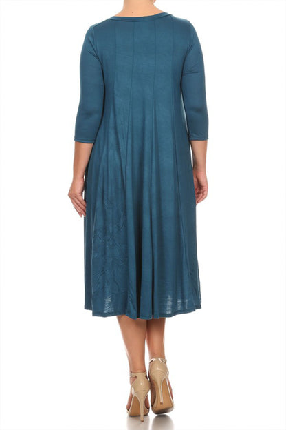 Women's Plus Size Casual 3/4 Sleeves Basic A-Line Pleated Solid Midi Dress