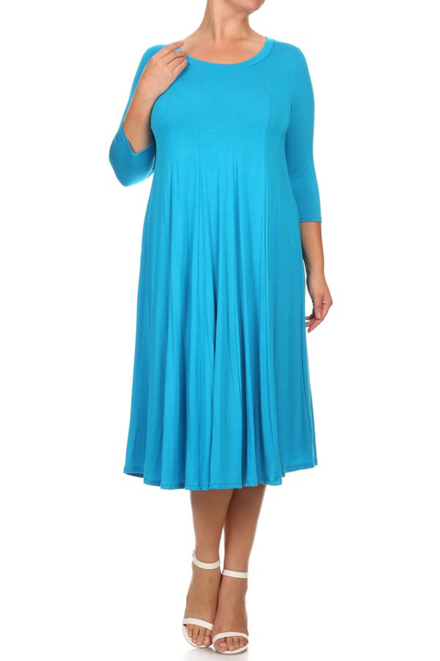 Women's Plus Size Casual 3/4 Sleeves Basic A-Line Pleated Solid Midi Dress