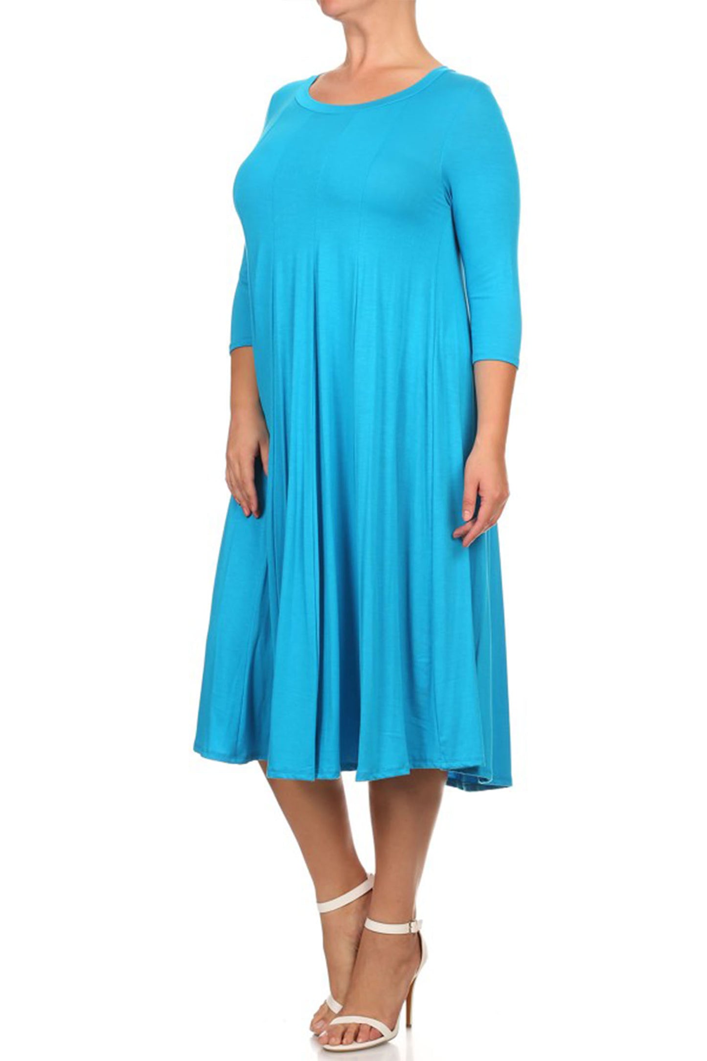 Women's Plus Size Casual 3/4 Sleeves Basic A-Line Pleated Solid Midi Dress