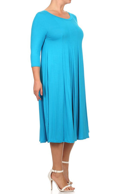 Women's Plus Size Casual 3/4 Sleeves Basic A-Line Pleated Solid Midi Dress