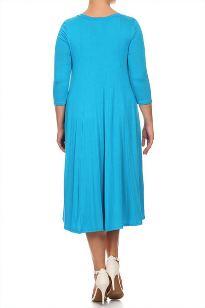 Women's Plus Size Casual 3/4 Sleeves Basic A-Line Pleated Solid Midi Dress