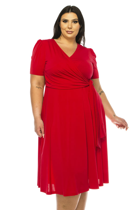 Women's Plus size Stylish Solid Faux Wrap Dress with Deep V-Neck