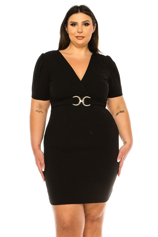 Women's Plus Size V-neck Sheath Dress with Buckle Accent and Puff Sleeves