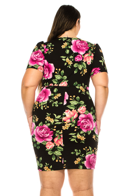 Women's Plus Size V-neck Sheath Dress with Buckle Accent and Puff Sleeves