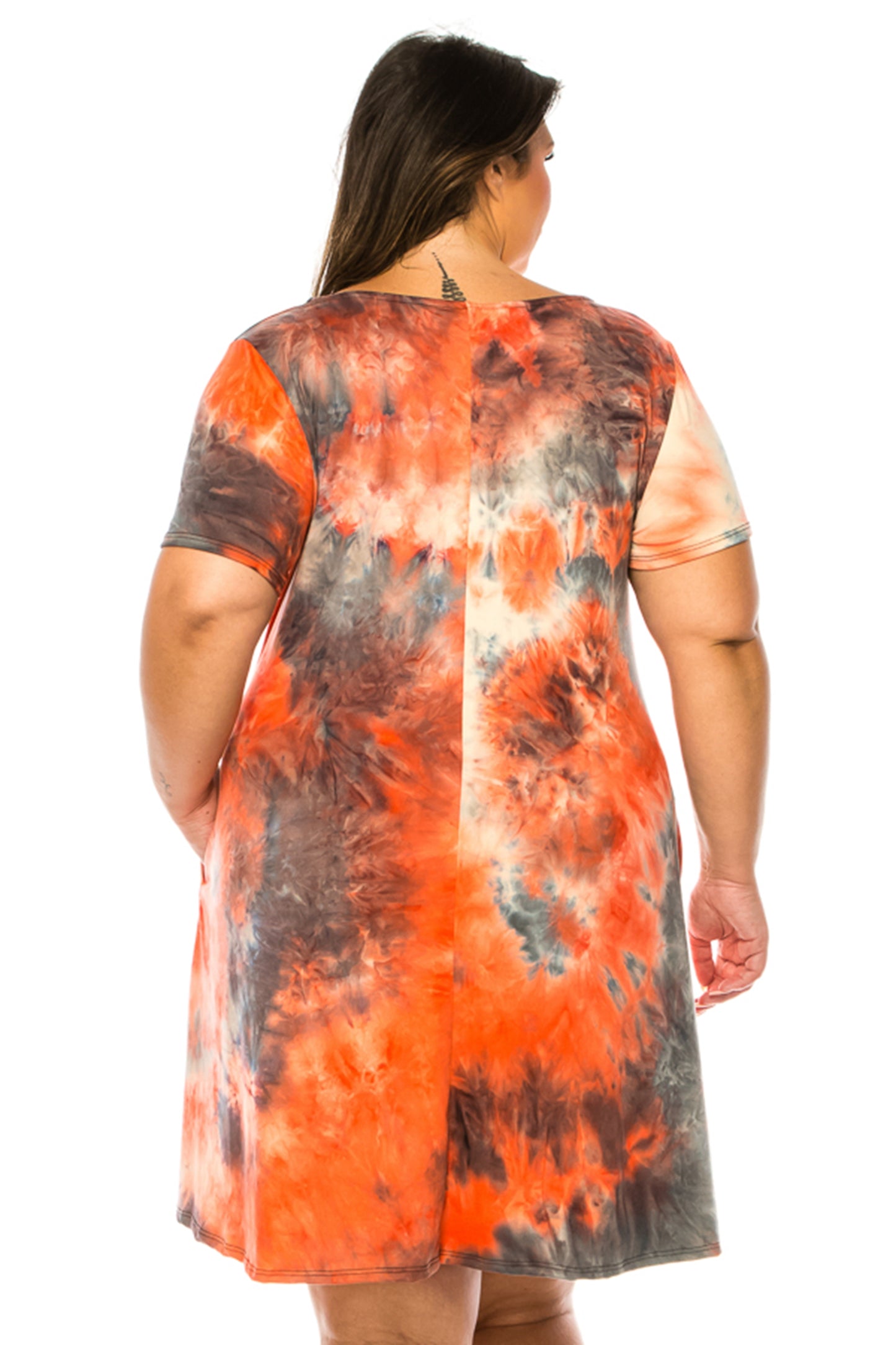 Women's PLUS SIZE Printed Short Sleeve Dress with Round Neckline and Side Pockets