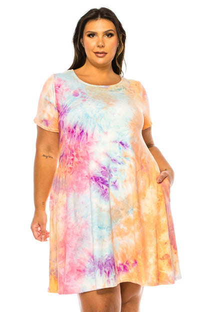 Women's PLUS SIZE Printed Short Sleeve Dress with Round Neckline and Side Pockets