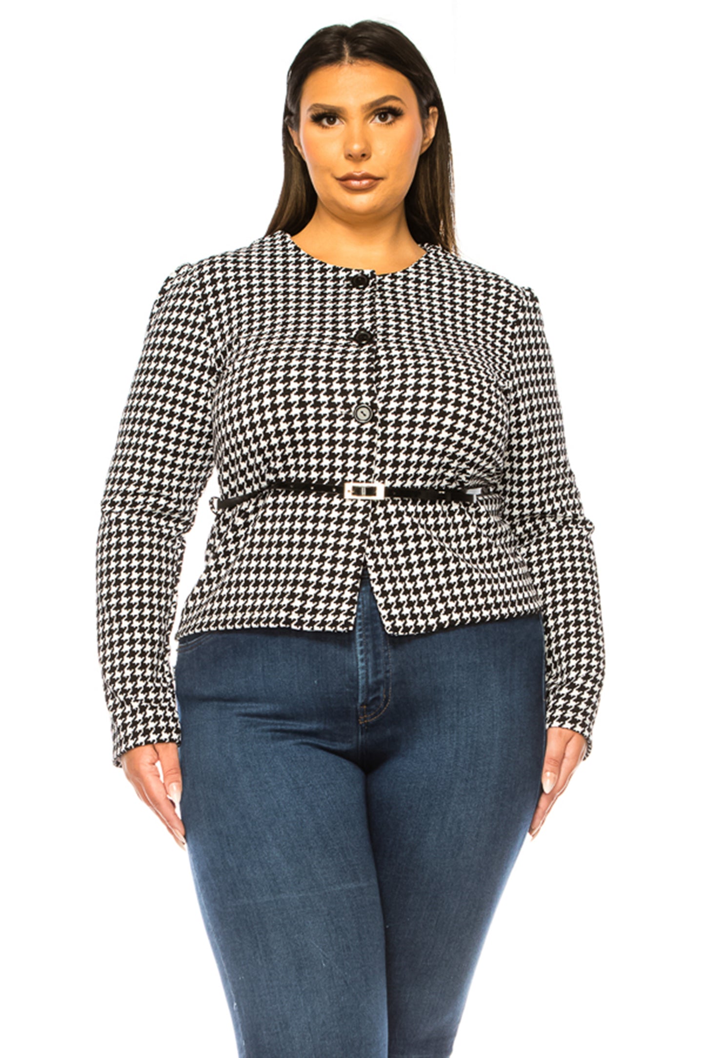 Women's Plus Size Collarless Button Down Jacket with Belt Accent